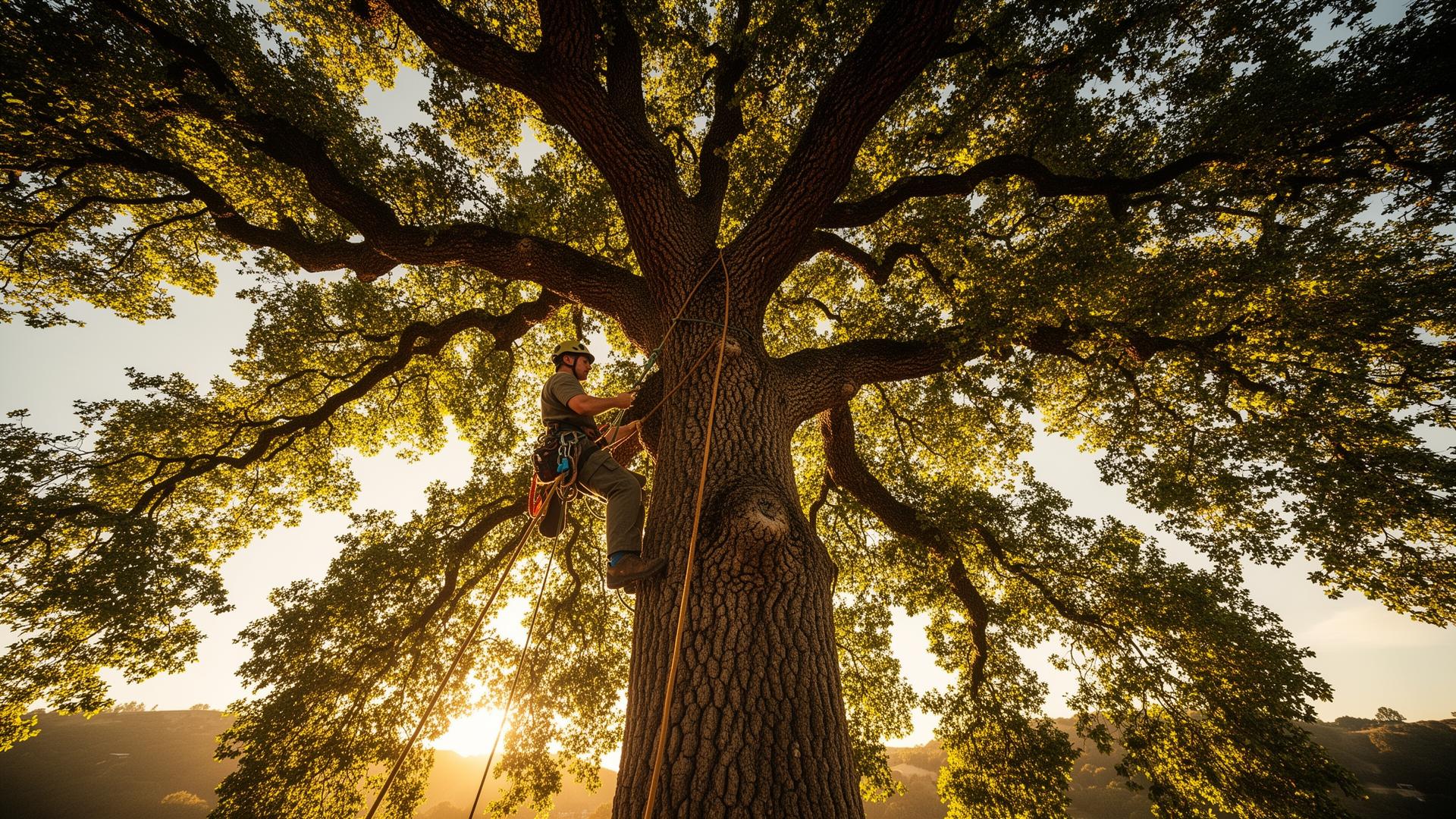 Certified arborist climbing a mature oak tree